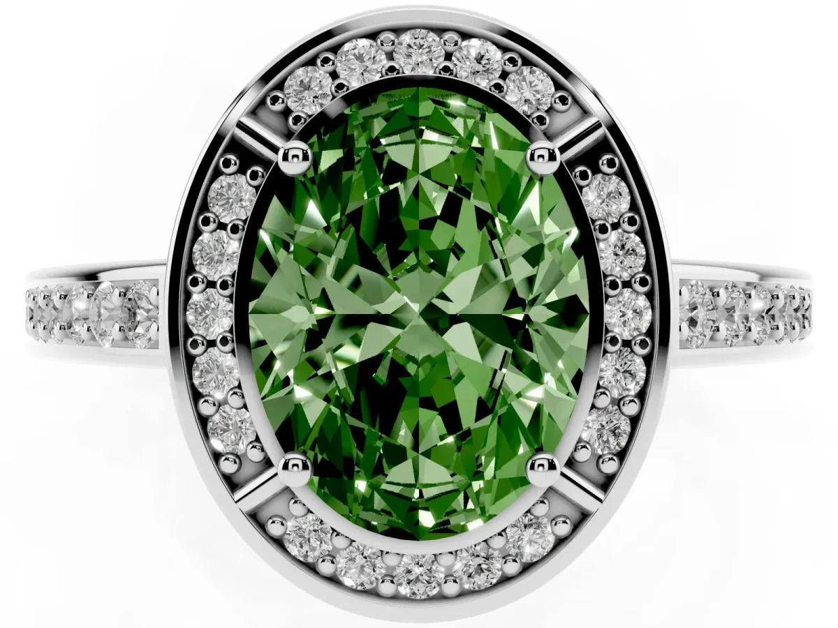 Fancy Green Oval Cut Cut Halo Pave Split Shank Prong Setting Ring Platinum