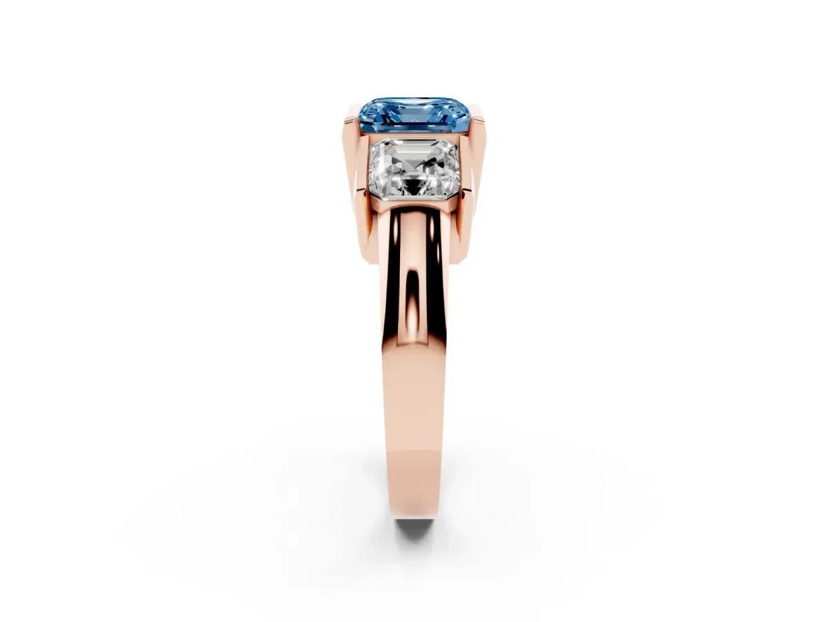 Fancy Blue Three Stone Asscher Cut Cut Channel Set Diamond Ring Rose gold