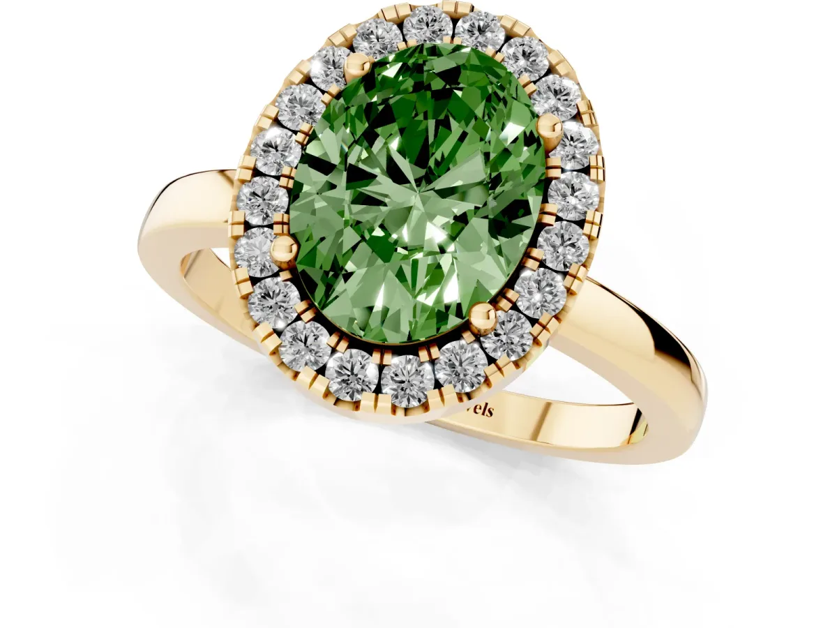 Fancy Green Oval Cut Halo Diamond Solitaire with Pavé Band and Four-Prong Setting Yellow gold