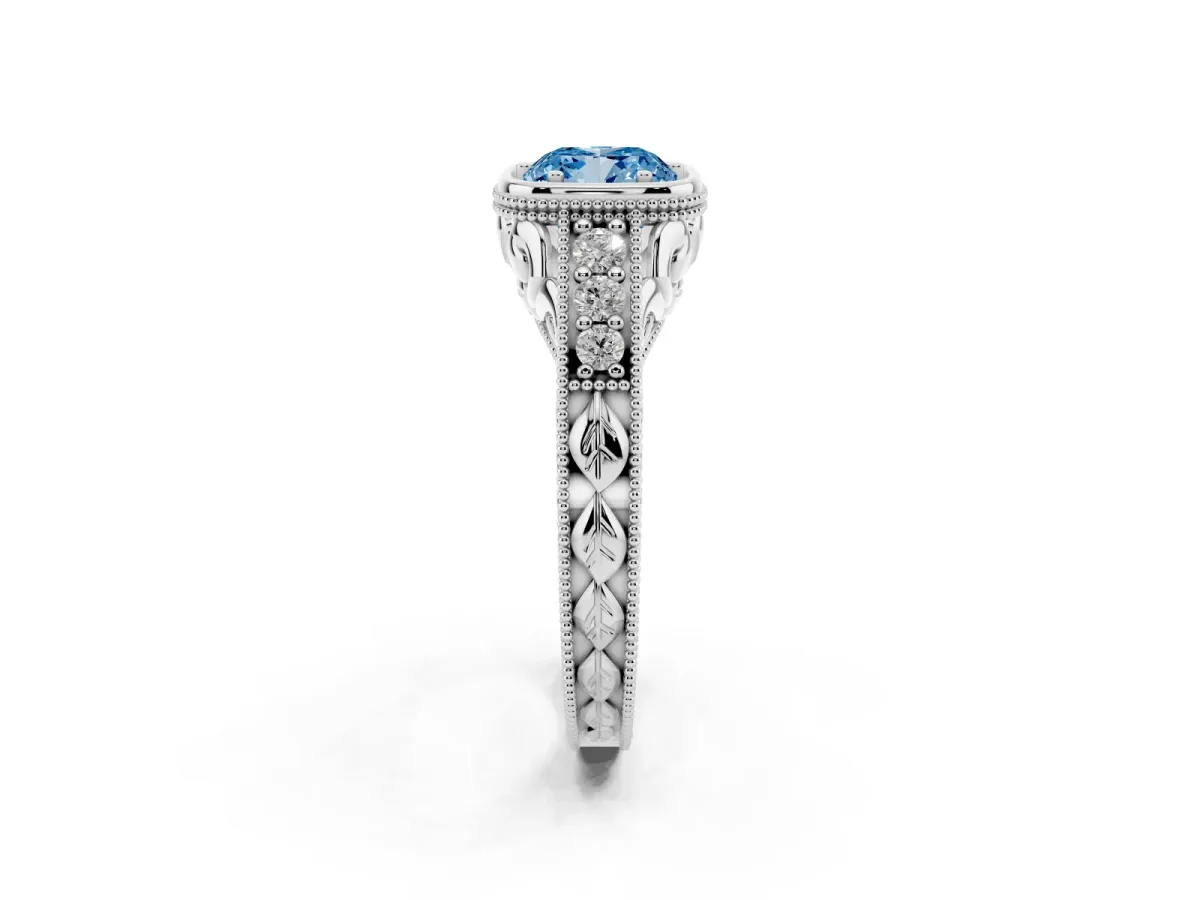 Fancy Blue Bezel Set Cushion Cut Diamond Milgrain Pave Engagement Ring Silver