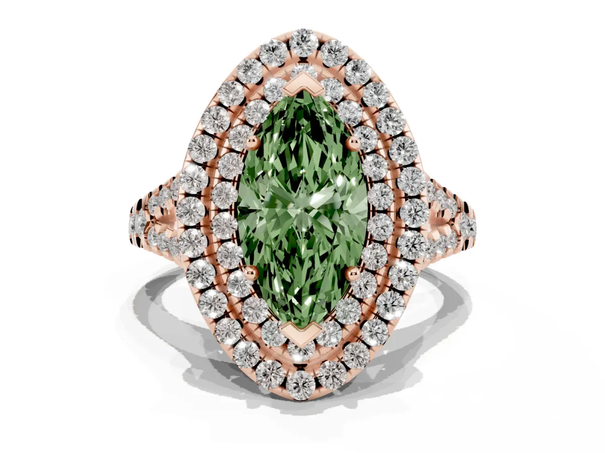 Fancy Green Double Halo Marquise Cut Diamond Pavé Split Shank Ring with Prong Setting Rose gold
