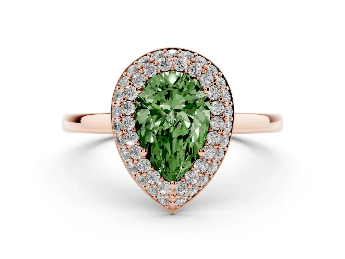 Fancy Green Pear Cut Halo Diamond Engagement Ring with Solitaire Band and Four-Prong Setting Rose gold