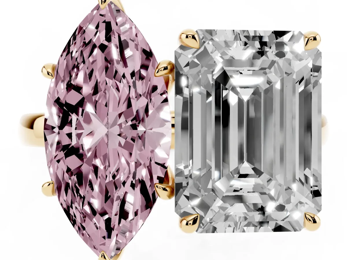 Fancy Pink Marquise Cut and Emerald Cut Toi Moi Ring with Prong Setting Yellow gold