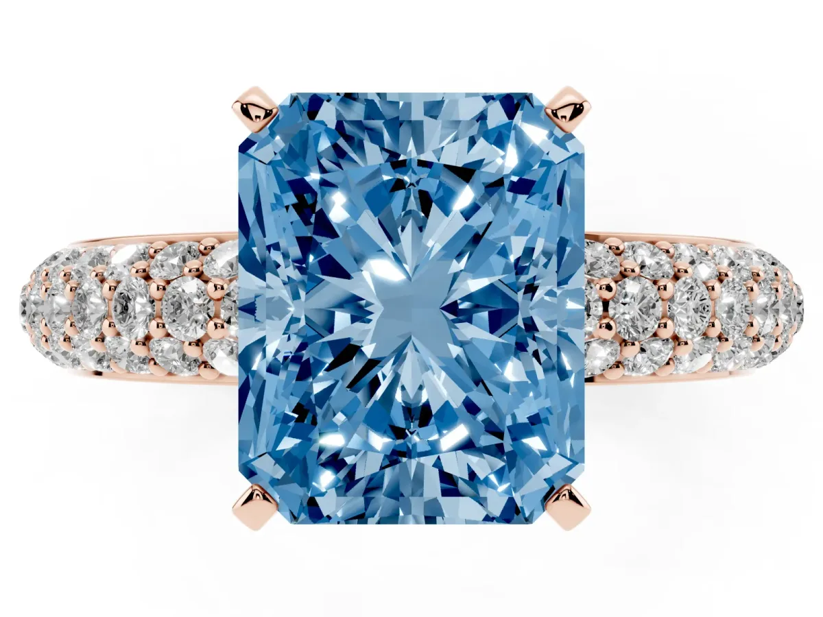 Fancy Blue Radiant Cut Diamond Solitaire Ring with Prong Setting and Pavé Band Rose gold