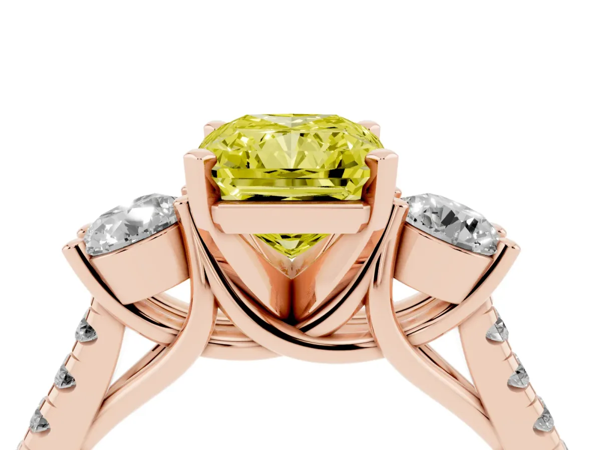 Fancy Yellow Three-Stone Radiant Cut Diamond Pavé Band with Four-Prong Setting Rose gold