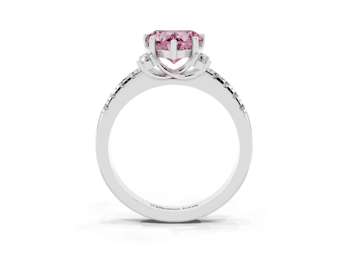 Fancy Pink Heart Cut Diamond Three-Stone Pave Band with Four-Prong Setting Silver