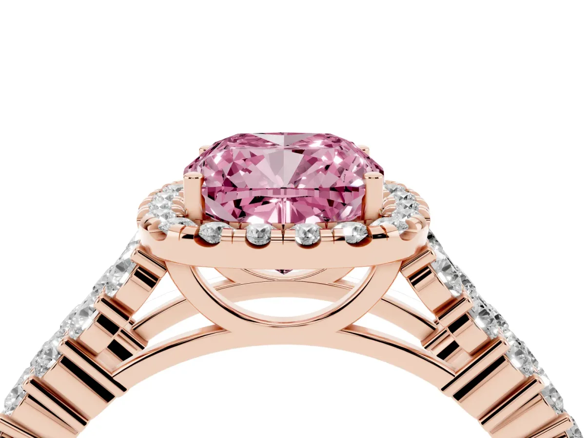 Fancy Pink Cushion Cut Diamond Halo Engagement Ring with Triple Row Round Pavé Band and Prong Setting Rose gold