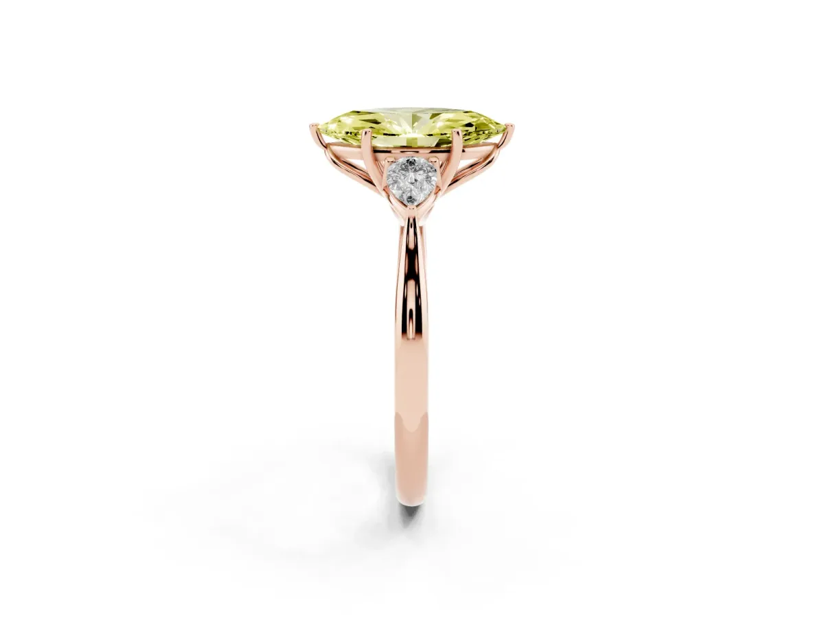 Fancy Yellow Three-Stone Marquise Cut Diamond Ring with Pear Side Stones in Four-Prong Setting Rose gold