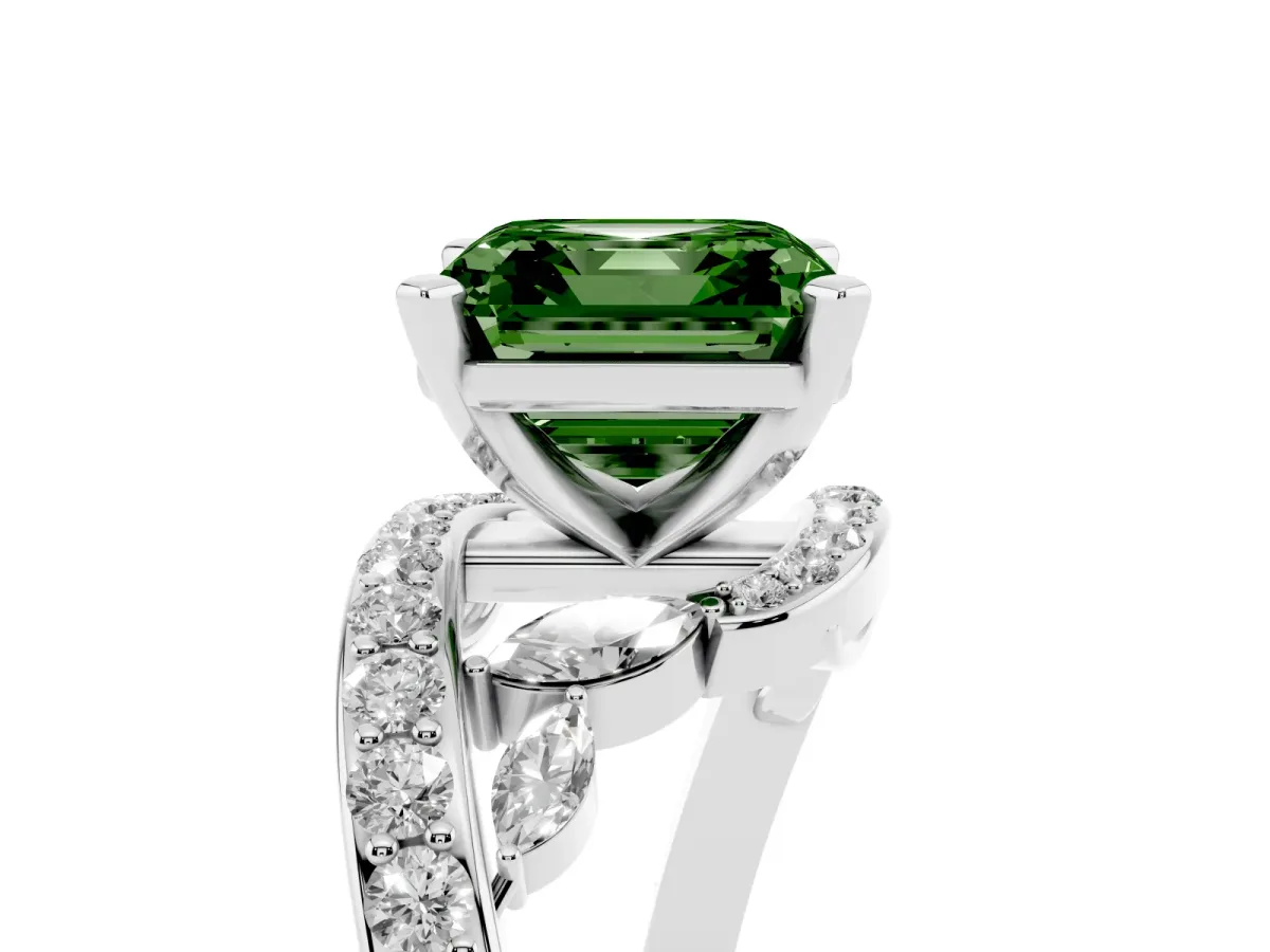 Fancy Green Asscher Cut Solitaire with Pavé Twist Band and Four-Prong Setting Silver
