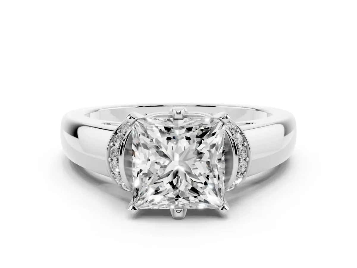 Princess Cut Solitaire Diamond Ring with Pave Band and Six-Prong Setting Silver