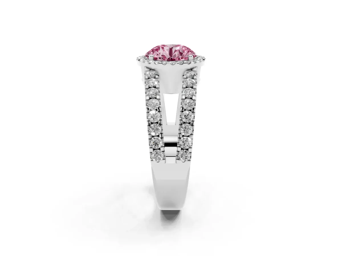 Fancy Pink Round Cut Cut Halo Split Shank Diamond Ring with Four-Prong Setting Silver