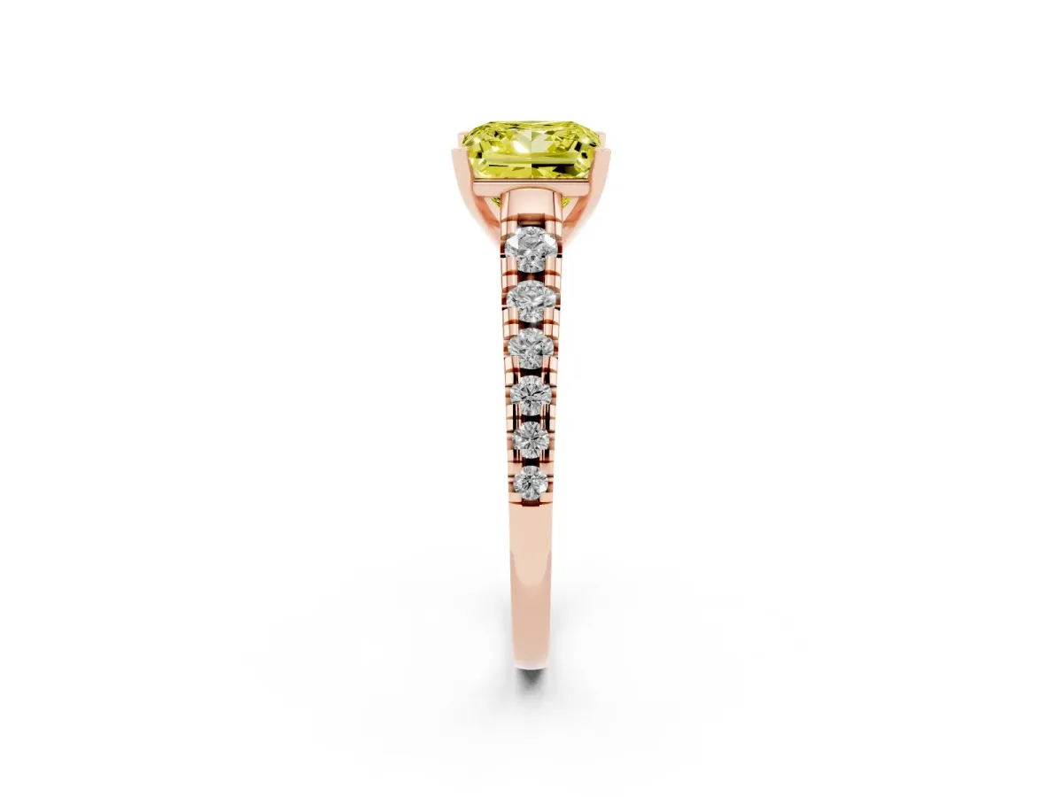 Fancy Yellow Princess Cut Diamond Cathedral Solitaire Ring with Round Pavé Band Rose gold