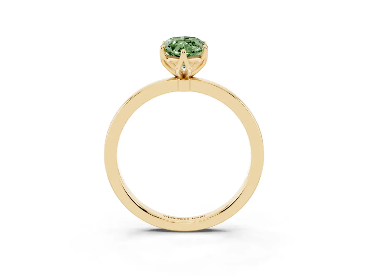Fancy Green Marquise Cut Diamond Solitaire Ring with Thin Band and Prong Setting Yellow gold