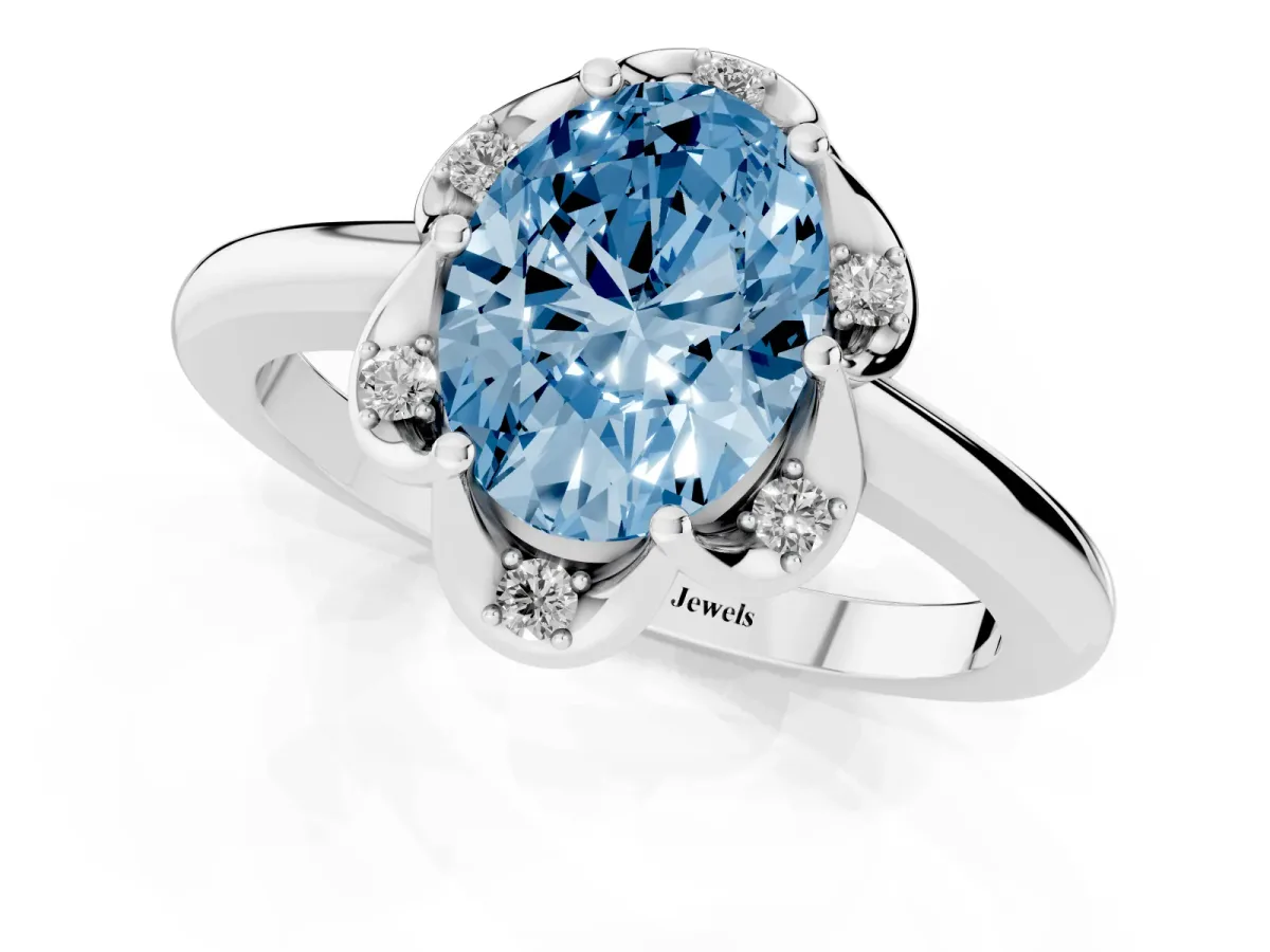 Fancy Blue Oval Cut Halo Diamond Ring with Round Cluster Setting, Solitaire Band, and Four-Prong Setting Silver