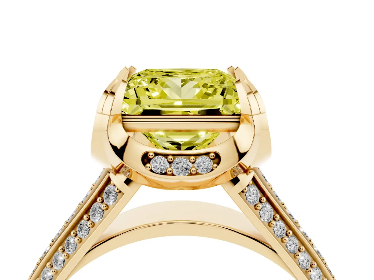 Fancy Yellow Princess Cut Solitaire Pave Split Shank Ring with Four-Prong Setting Yellow gold