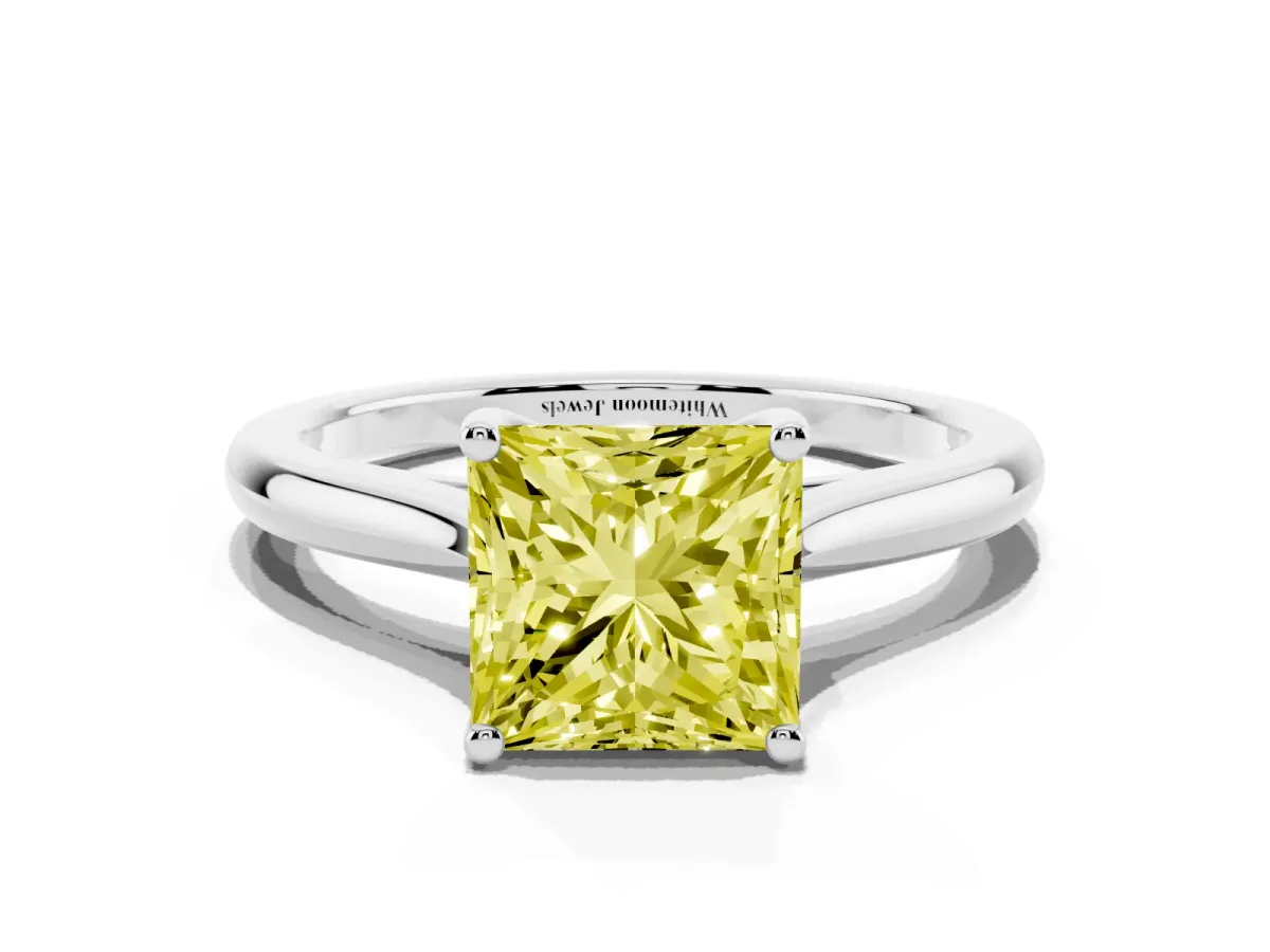 Fancy Yellow Princess Cut Cut Solitaire Ring with Cathedral Band and Four-Prong Setting Silver
