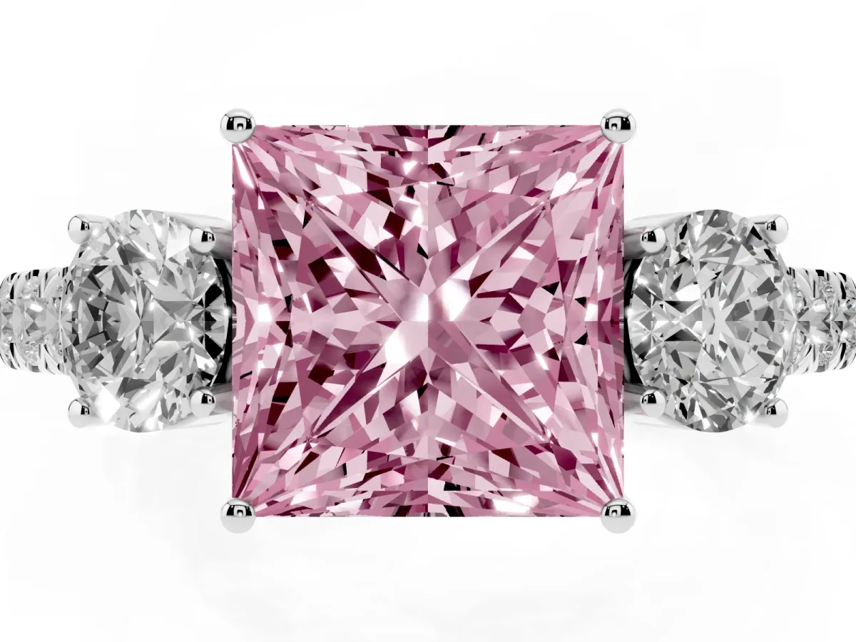 Fancy Pink Princess Cut Cut Diamond Three-Stone Ring with Round Side Stones and Pavé Band Silver