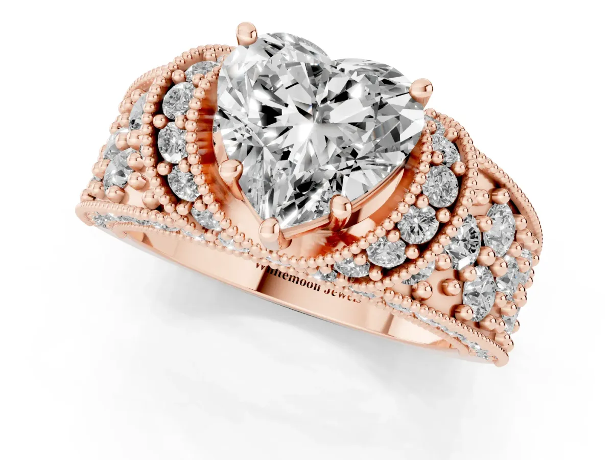 Heart Cut Halo Pave Diamond Engagement Ring with Milgrain Detailing Rose gold