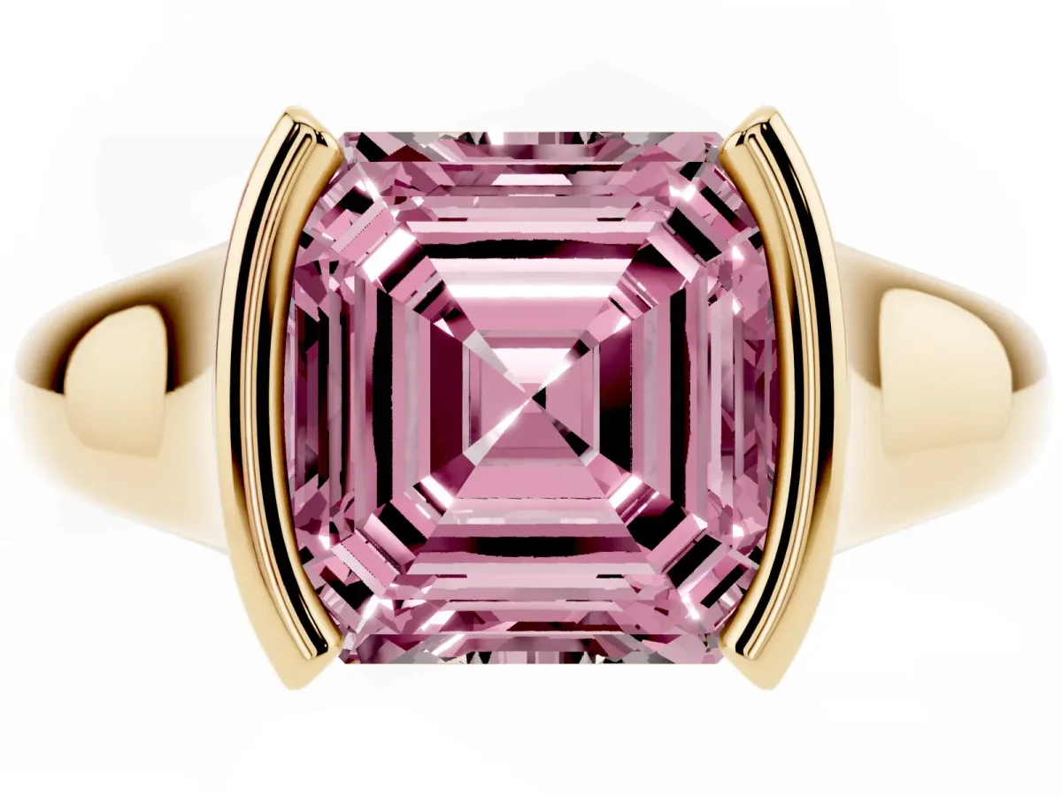 Fancy Pink Asscher Cut Solitaire Tension Set Diamond Ring with Split Shank Band Yellow gold