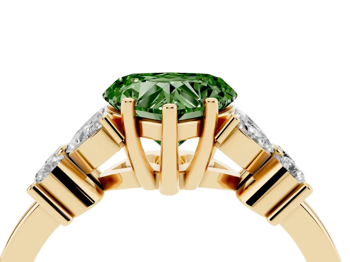 Fancy Green Heart Cut Diamond Floral Cluster Ring with Solitaire Band and Prong Setting Yellow gold