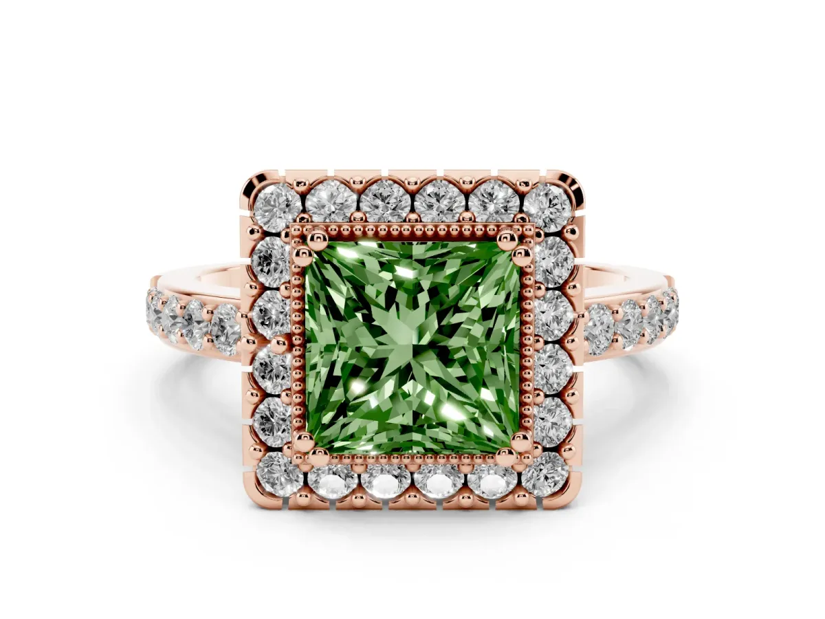 Fancy Green Princess Cut Diamond Halo Ring with Pavé Band and Prong Setting Rose gold