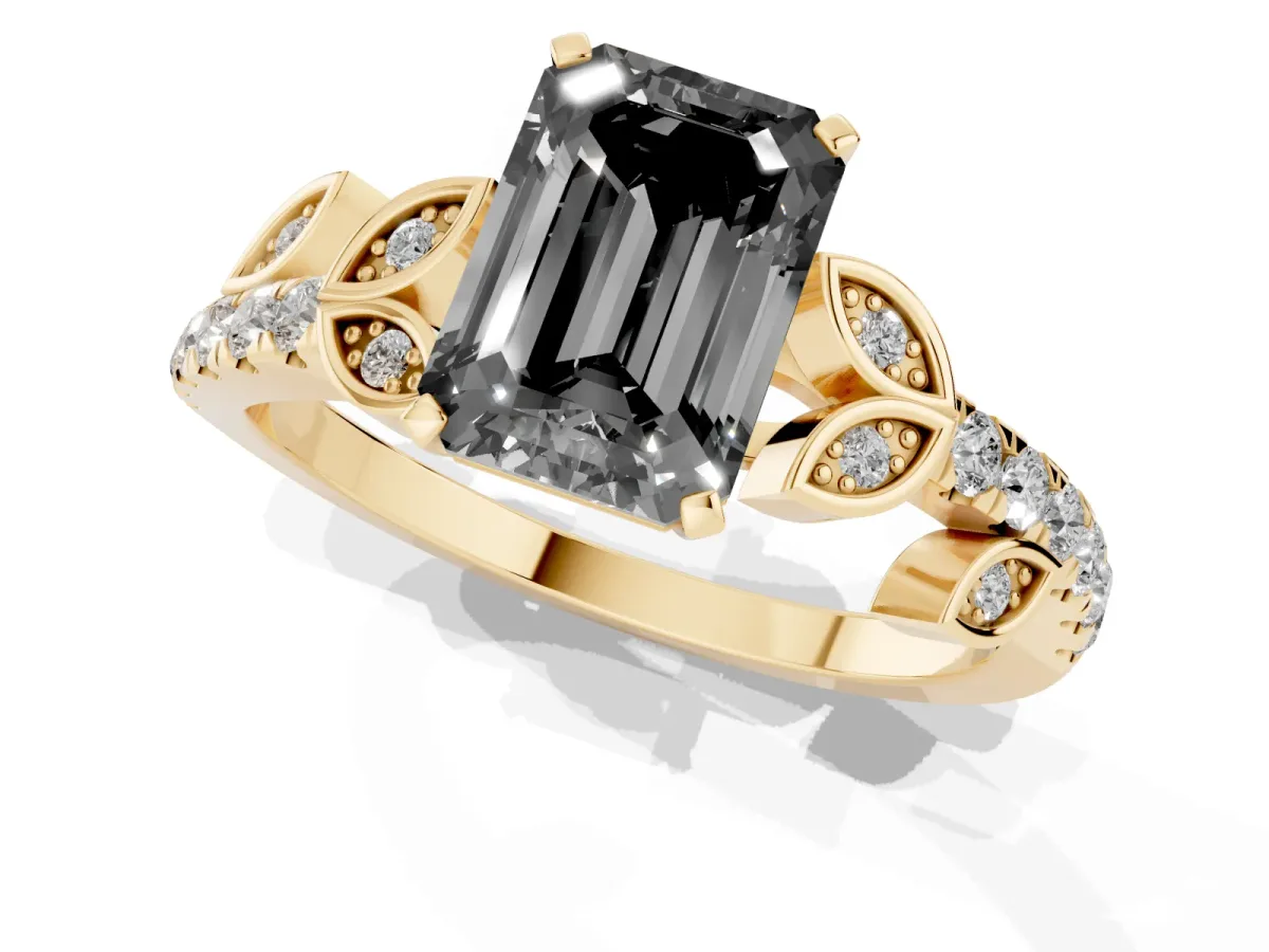 Fancy Black Emerald Cut Solitaire Leaf-Inspired Diamond Ring with Pavé Band and Four-Prong Setting Yellow gold