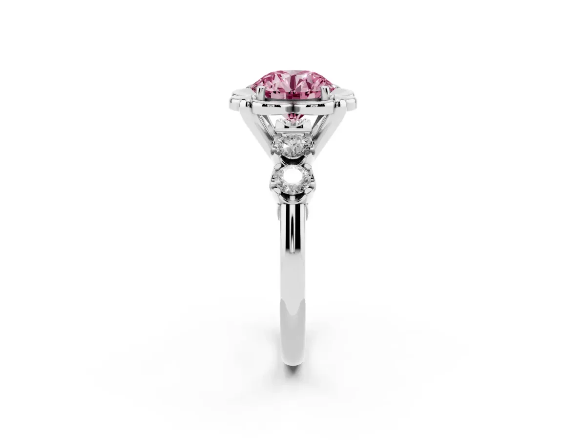 Fancy Pink Round Cut Cut Diamond Floral Halo Engagement Ring with Shared Prong Setting Silver