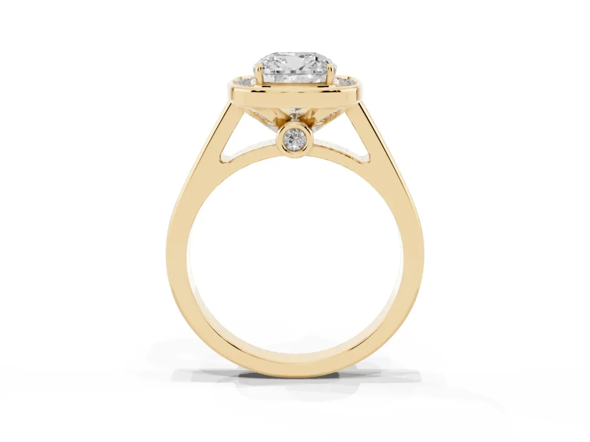 Cushion Cut Halo Solitaire Diamond Ring with Pave Band and Bezel Setting Yellow gold