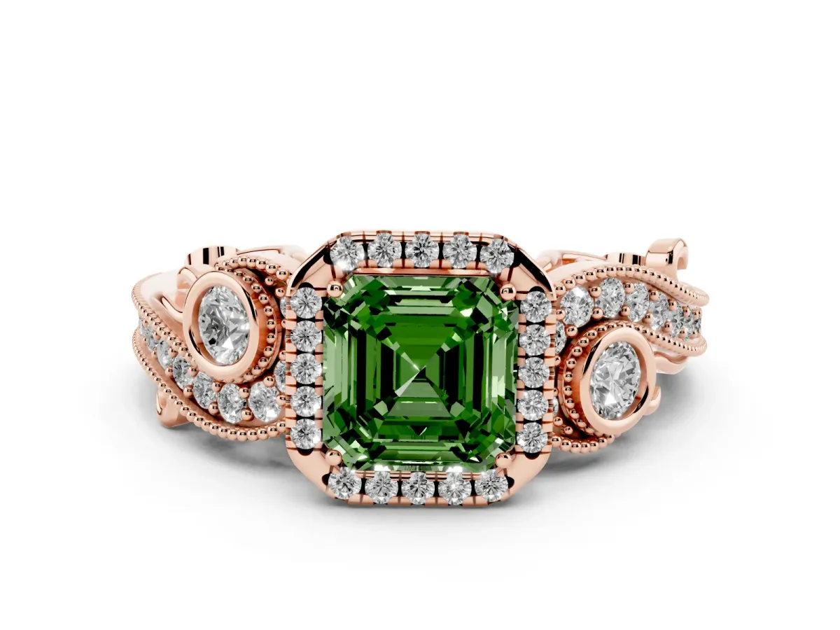 Fancy Green Asscher Cut Halo Diamond Ring with Milgrain and Bezel Accents on a Split Shank Band Rose gold