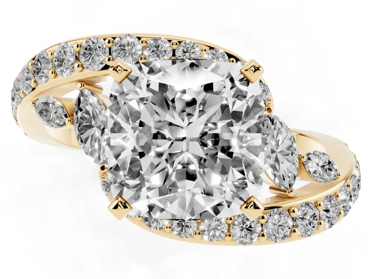 Cushion Cut Solitaire with Pavé Twist Band and Four-Prong Setting Yellow gold