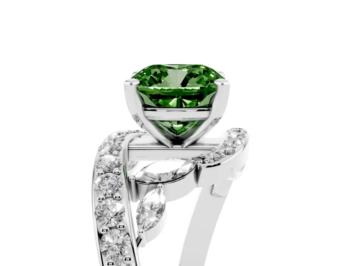 Fancy Green Cushion Cut Diamond Solitaire Ring with Filigree Band and Four-Prong Setting Silver