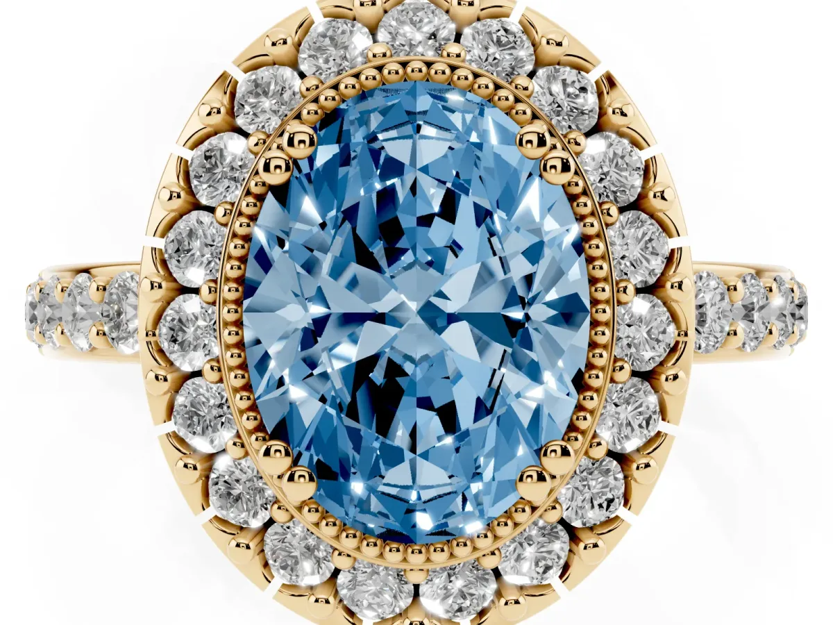 Fancy Blue Oval Cut Diamond Halo Ring with Pavé Band and Prong Setting Yellow gold