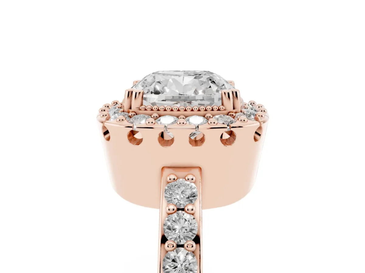 Cushion Cut Diamond Halo Ring with Pavé Band and Prong Setting Rose gold