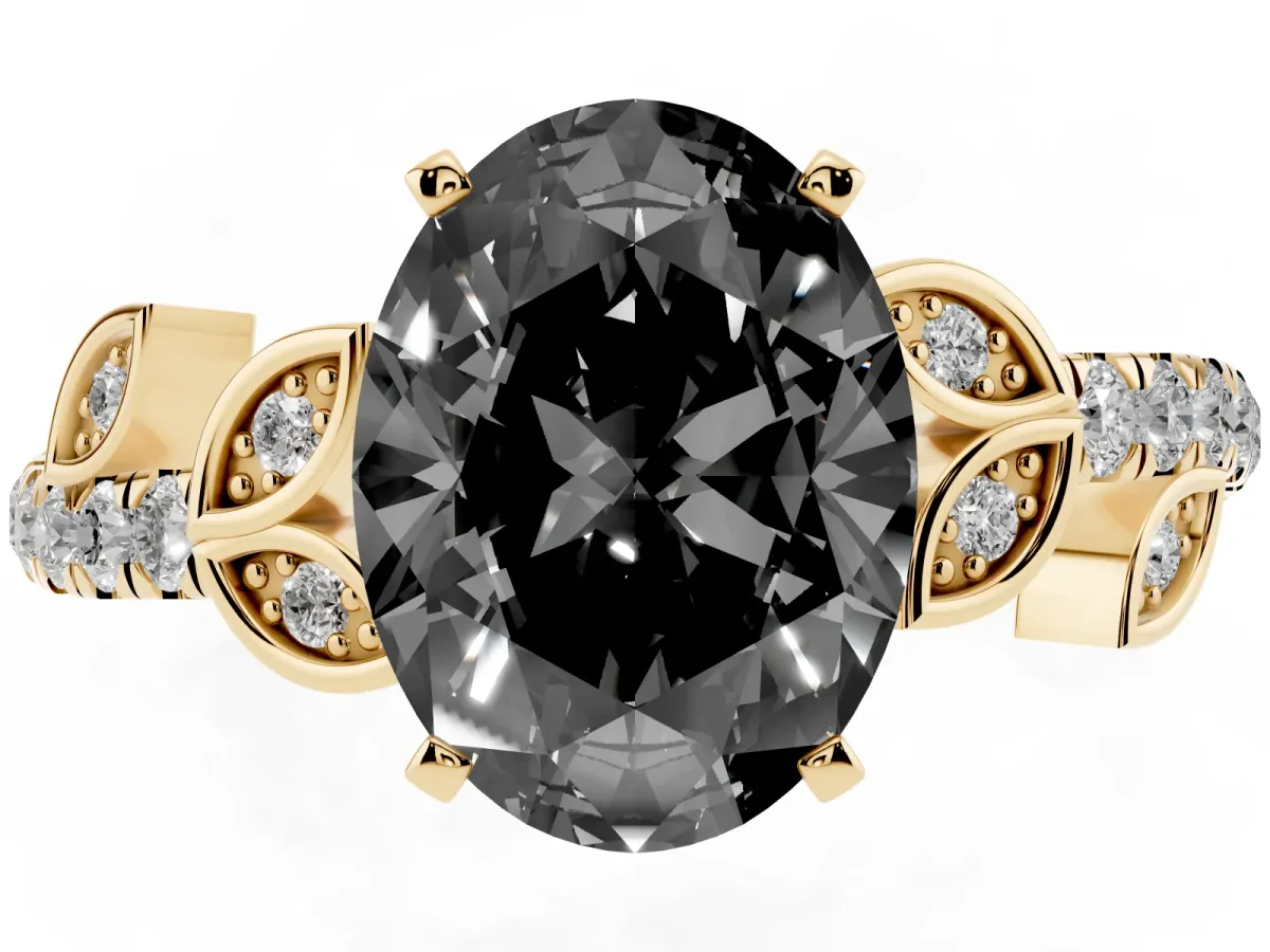 Fancy Black Oval Cut Solitaire Leaf-Inspired Diamond Ring with Pavé Band and Four-Prong Setting Yellow gold