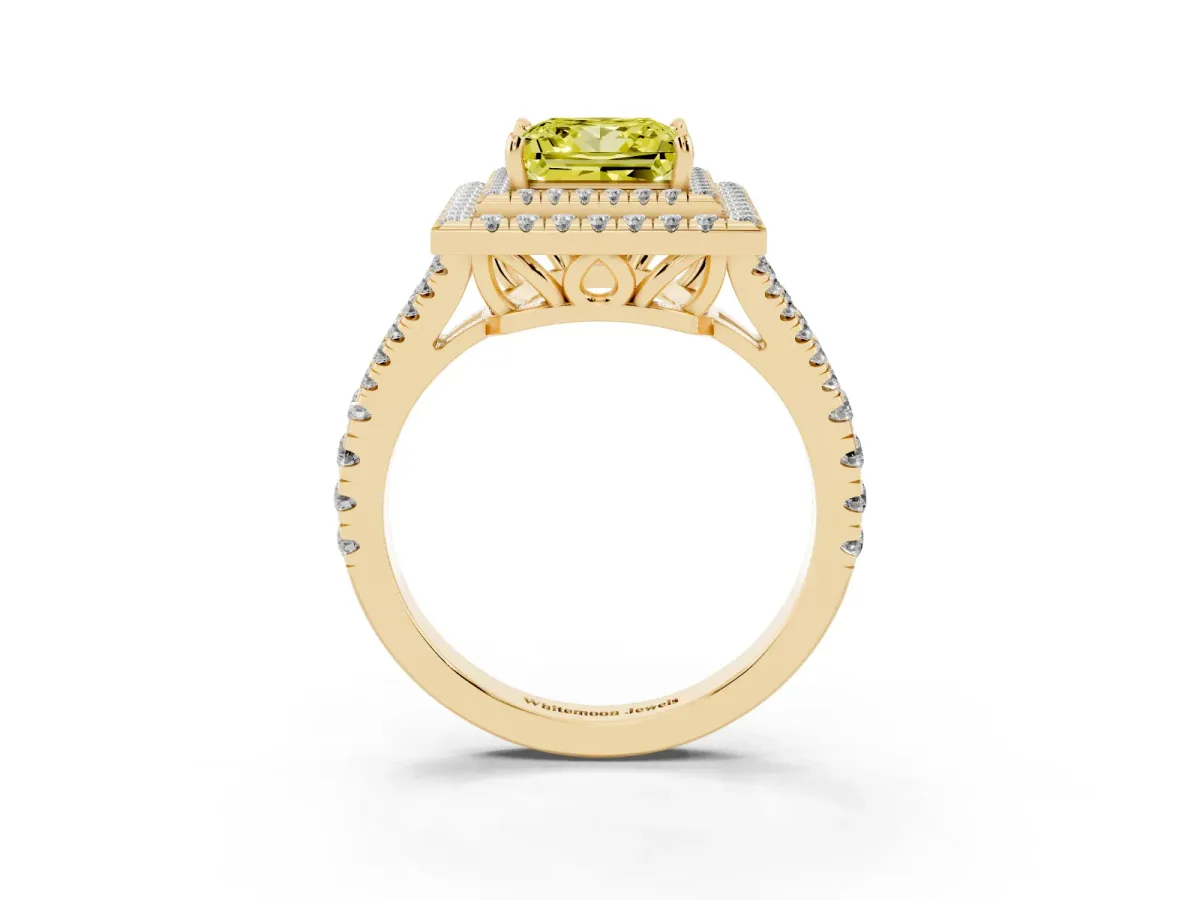 Fancy Yellow Princess Cut Diamond Double Halo Ring with Pavé Band and Prong Setting Yellow gold