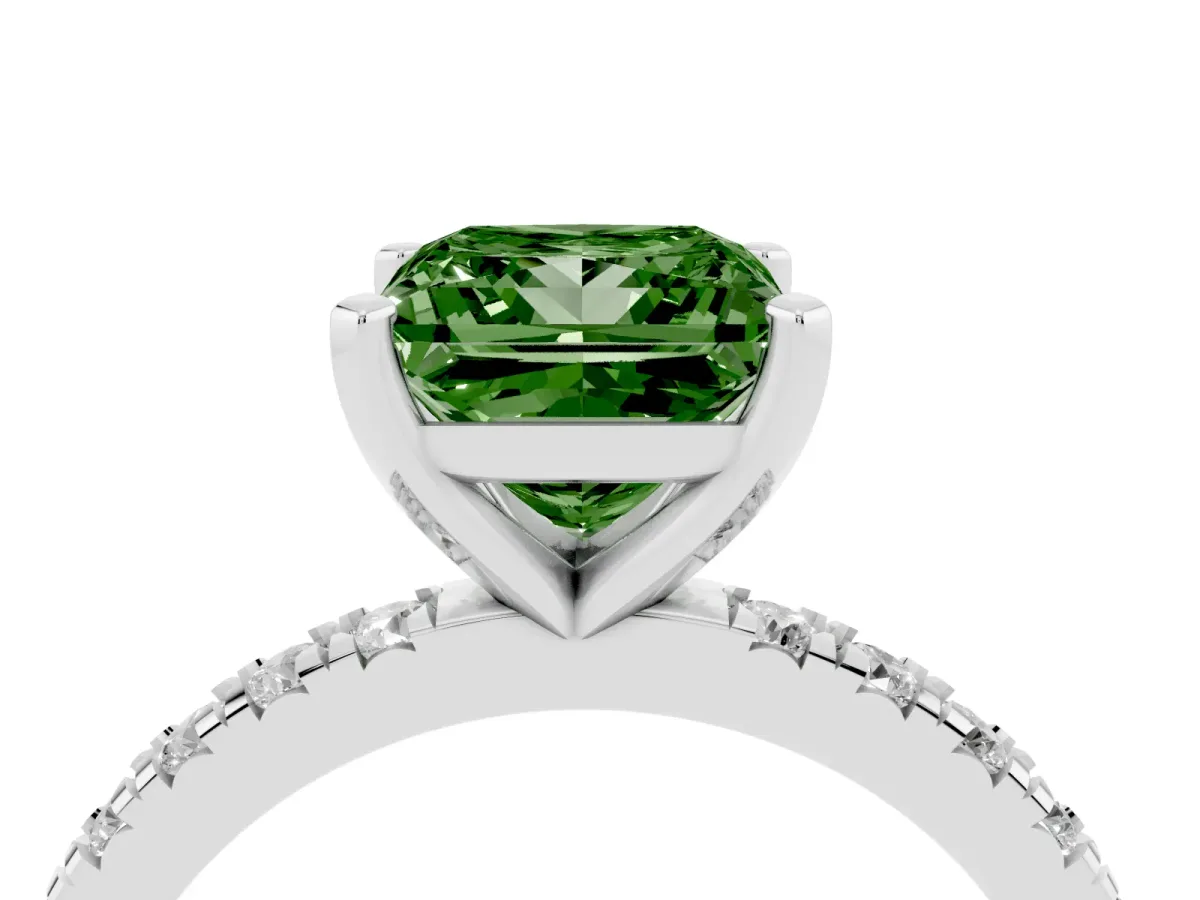 Fancy Green Princess Cut Diamond Pavé Band Solitaire with Four-Prong Setting White gold