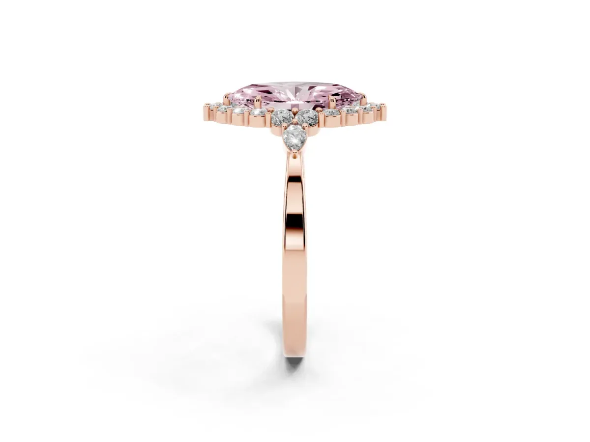 Fancy Pink Marquise Cut Diamond Halo Ring with Pear Side Stones and Prong Setting Rose gold