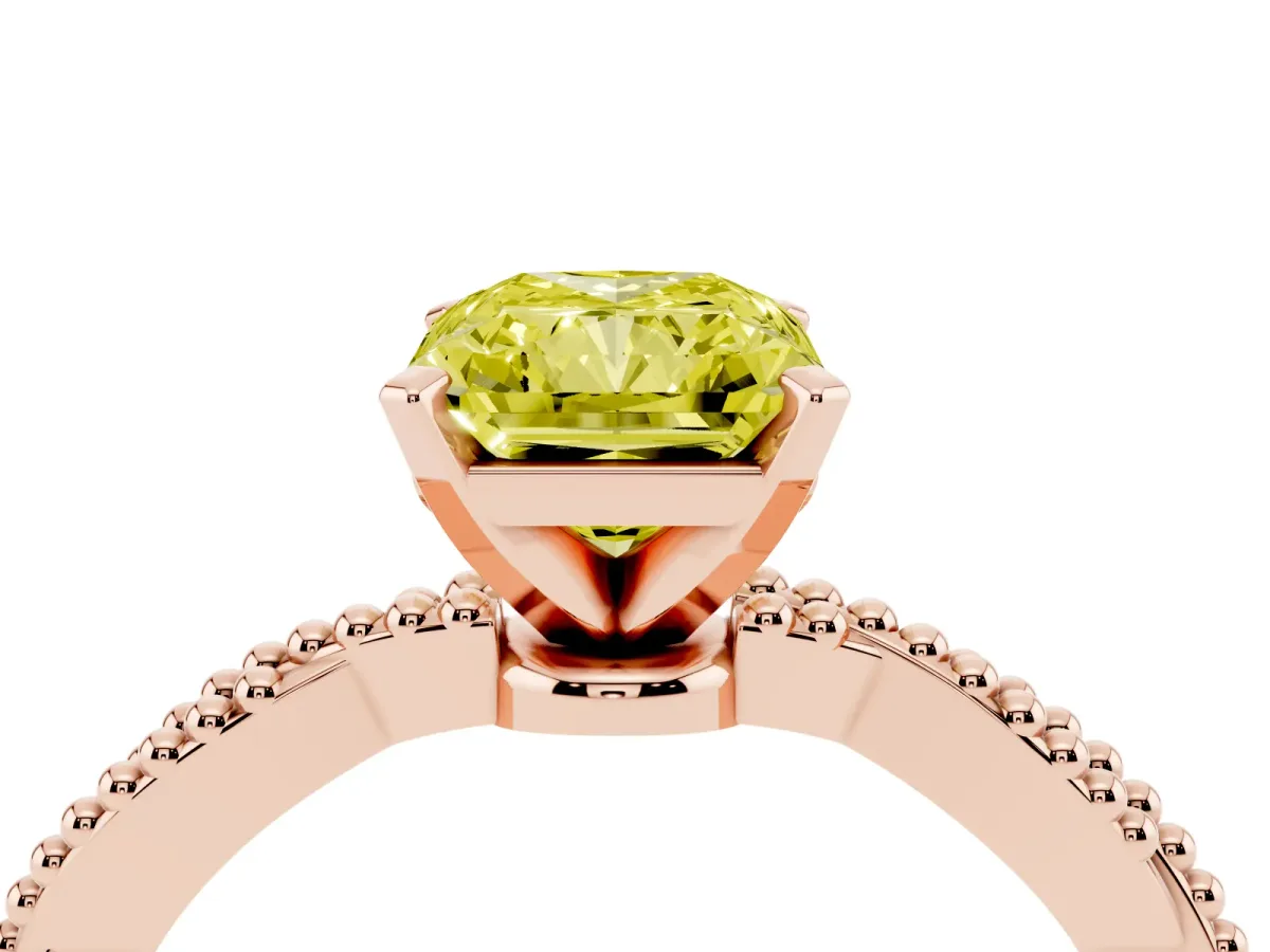 Fancy Yellow Radiant Cut Solitaire Twisted Band with Bead Prong Setting Rose gold