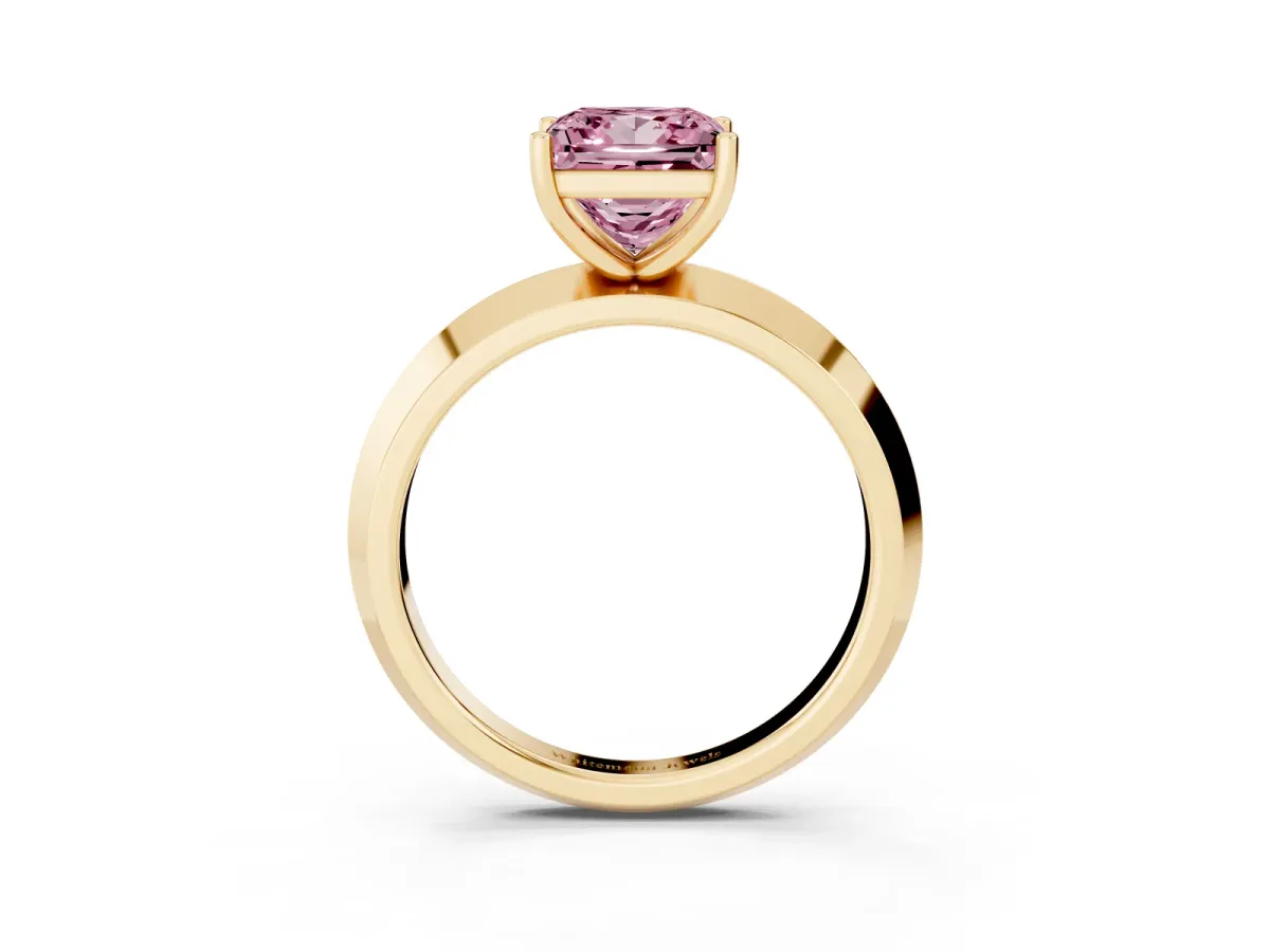 Fancy Pink Princess Cut Cut Solitaire Engagement Ring with Flat Band and Four-Prong Setting Yellow gold