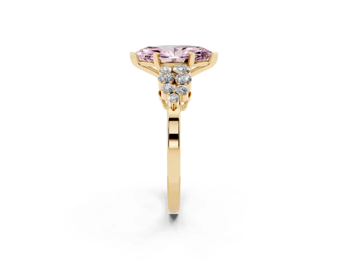 Fancy Pink Marquise Cut Cluster Diamond Engagement Ring with Pavé Band and Four-Prong Setting Yellow gold
