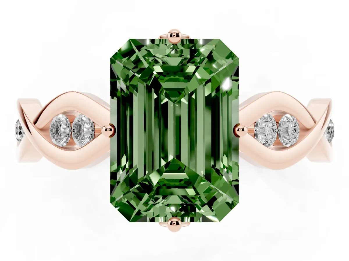 Fancy Green Emerald Cut Solitaire Twist Band with Leaf Prong Setting Rose gold
