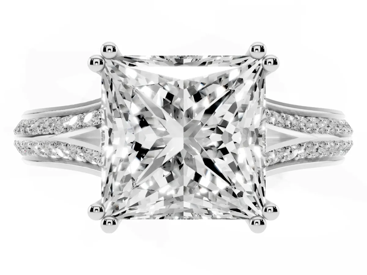Princess Cut Diamond Split Shank Engagement Ring with Pavé Band White gold