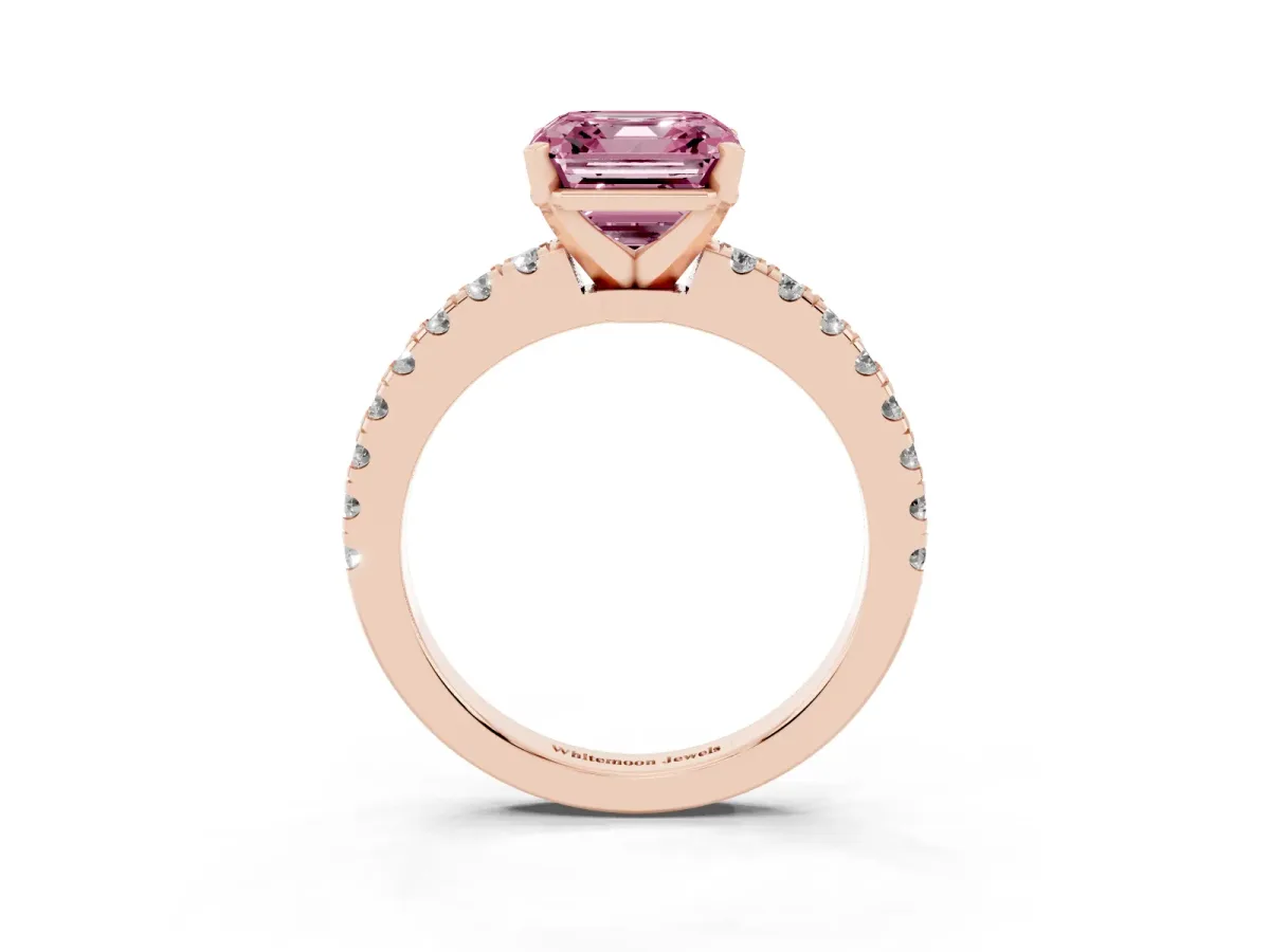 Fancy Pink Asscher Cut Solitaire Diamond with Pavé Band and Four-Prong Setting Rose gold