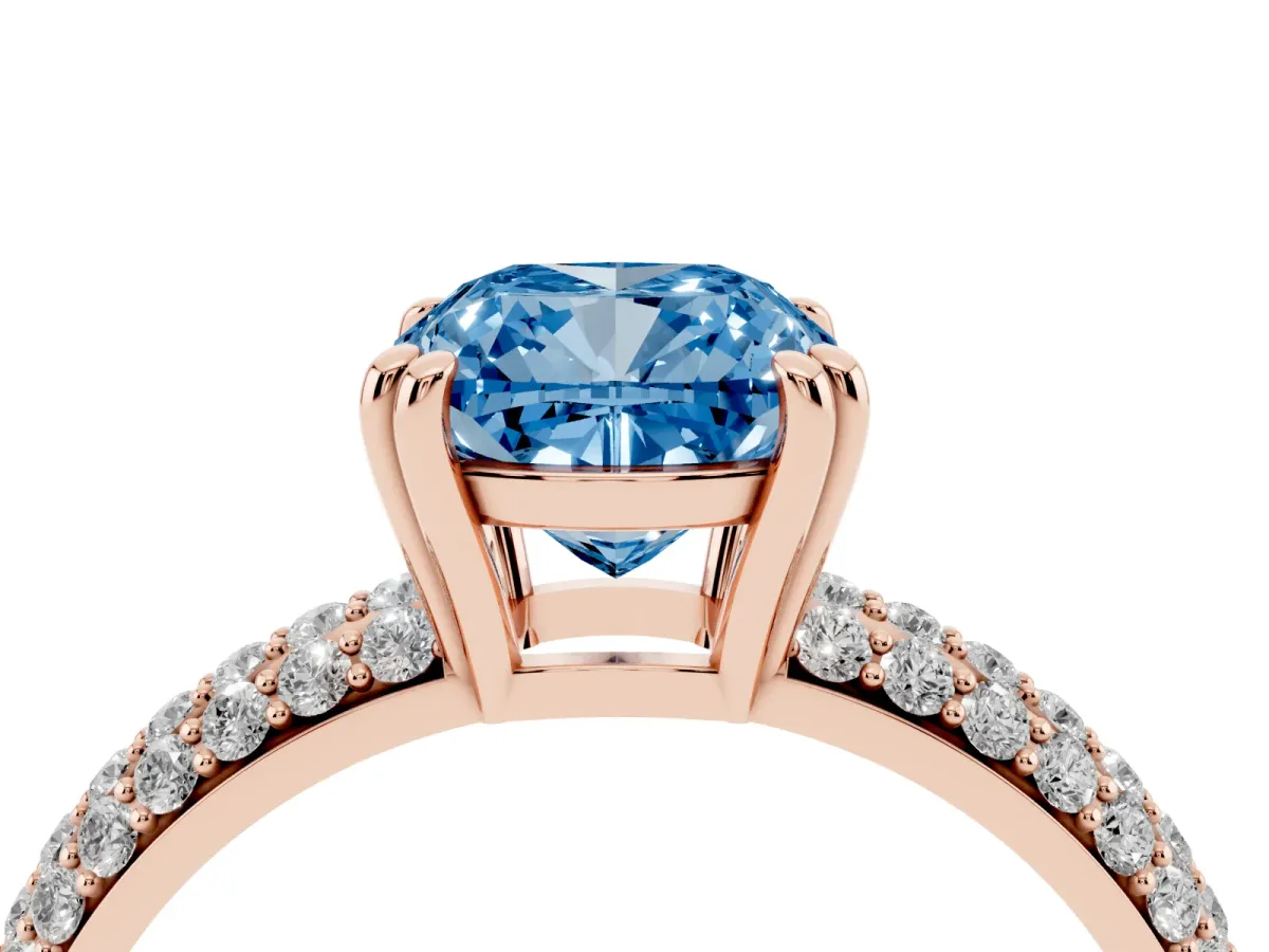 Fancy Blue Cushion Cut Diamond Solitaire Ring with Multi-Row Round Pavé Band and Prong Setting Rose gold