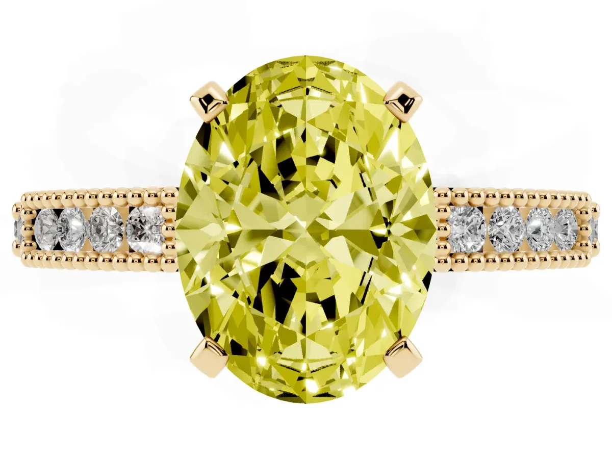 Fancy Yellow Oval Cut Solitaire with Pavé Band and Four-Prong Setting Yellow gold