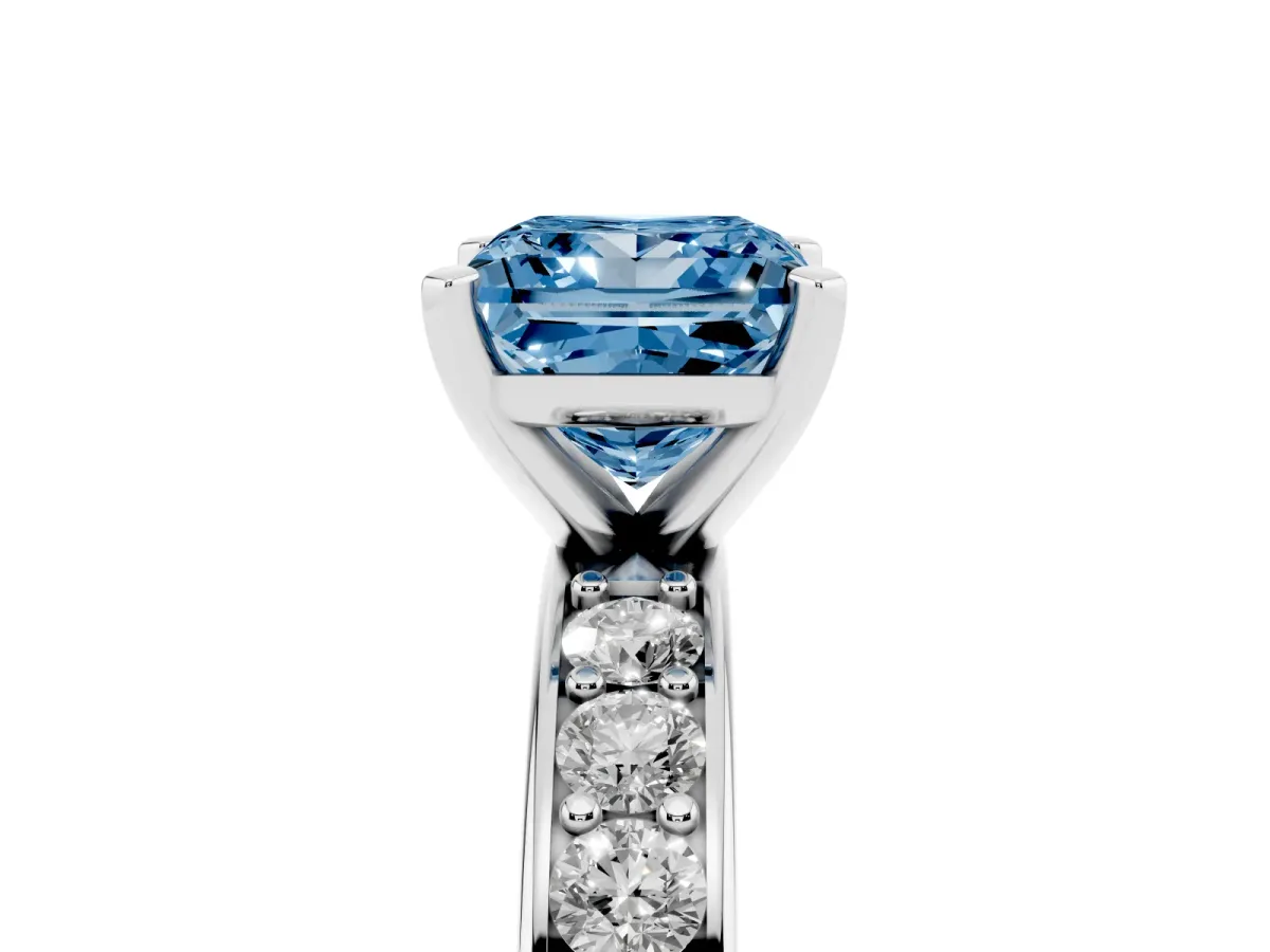 Fancy Blue Princess Cut Diamond Engagement Ring with Channel Set Round Band and Prong Setting Silver