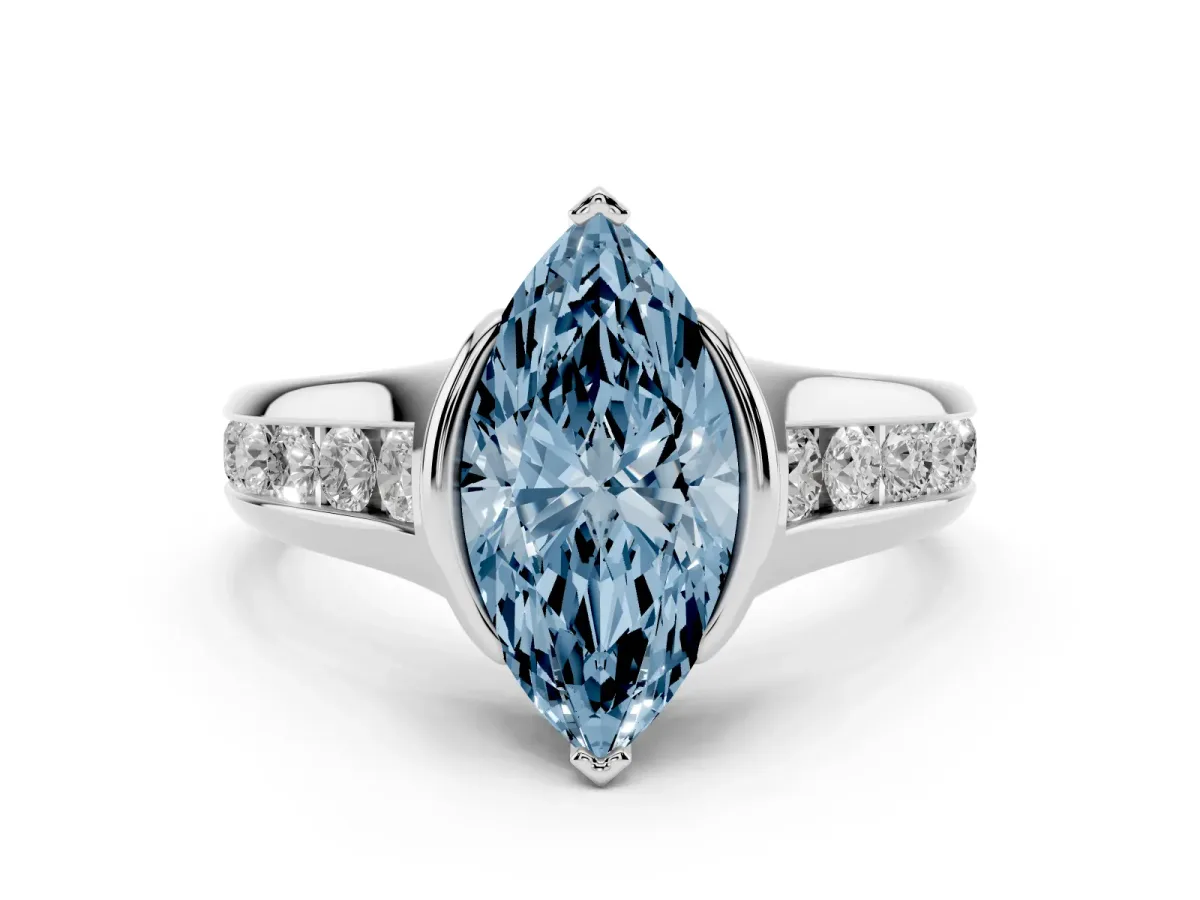 Fancy Blue Marquise Cut Solitaire Bezel-Set Diamond Ring with Channel-Set Band Silver