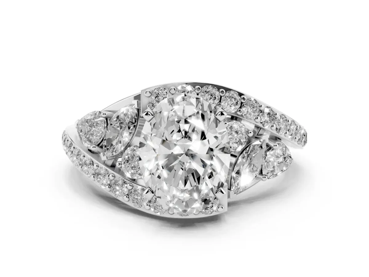 Oval Cut Diamond Halo Ring with Marquise and Pavé Band in Prong Setting Platinum