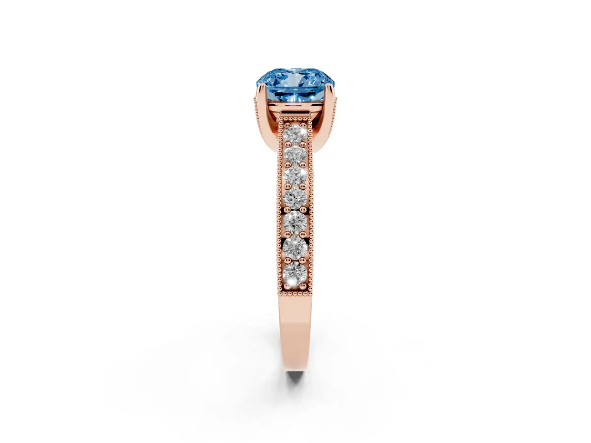Fancy Blue Cushion Cut Cut Diamond Solitaire Ring with Milgrain Pave Band and Four Prong Setting Rose gold