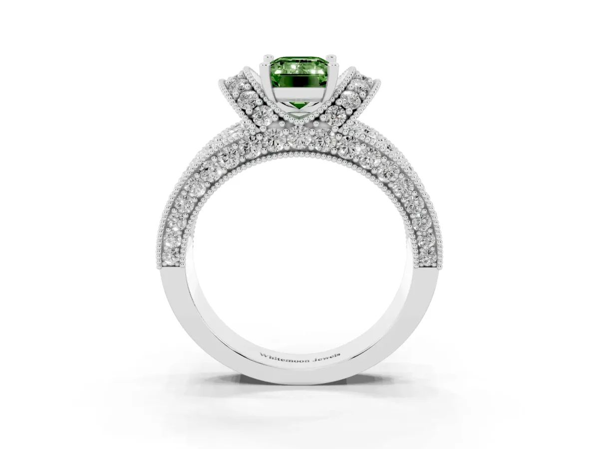 Fancy Green Emerald Cut Halo Pave Diamond Engagement Ring with Milgrain Detailing White gold